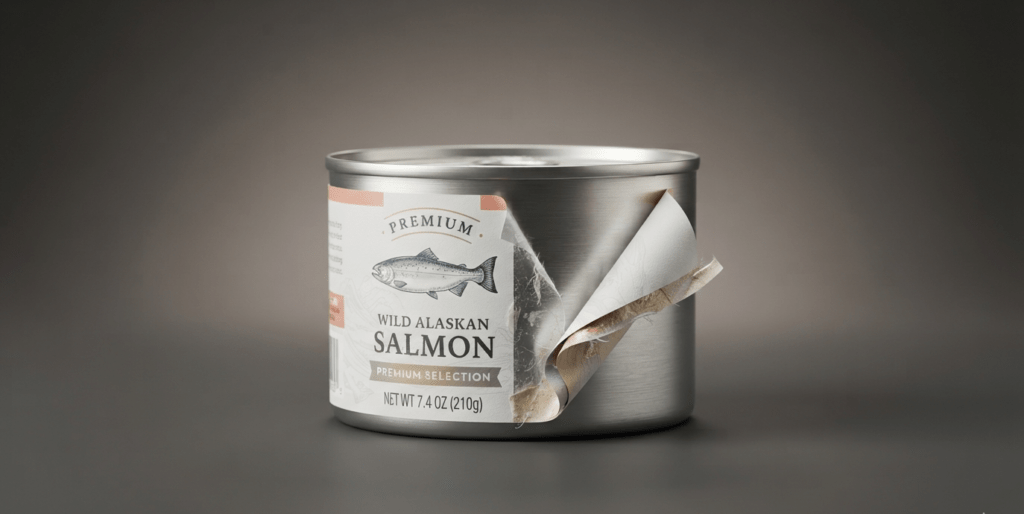 A salmon tin with product label peeling off.